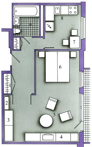 Рис. 2.  Вариант планировки типовой однокомнатной квартиры.