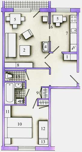 Рис. 3.  Вариант планировки типовой двухкомнатной квартиры.