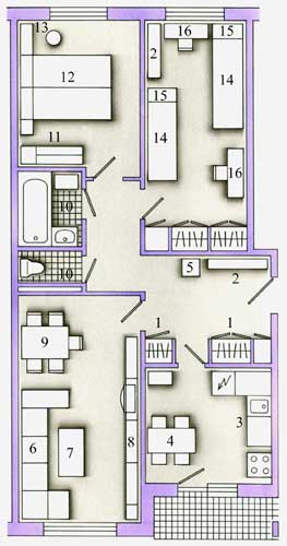 Рис. 4.  Вариант планировки типовой трёхкомнатной квартиры.