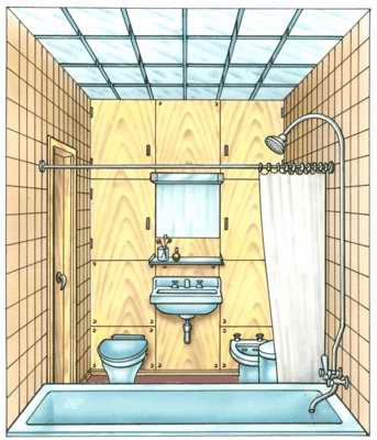 Рис. 4.  Пример интерьера ванной комнаты со светящимся подвесным потолком.