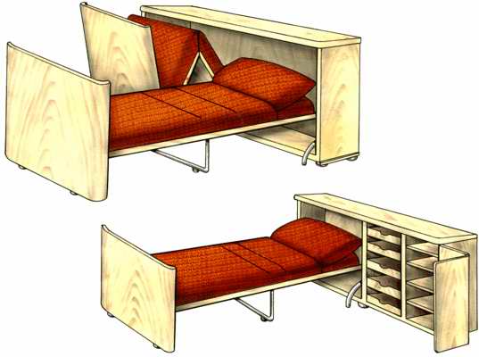 Рис. 2.  Тумбы, трансформируемые в двуспальную и односпальную кровати.