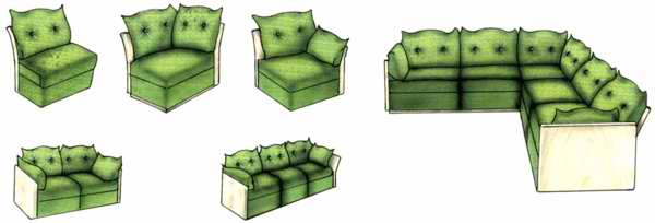 Рис. 5.  Использование отдельно стоящих кресел для составления диванов различной конфигурации.
